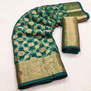 Dark Teal Stone Work Woven Organza Jacquard Saree