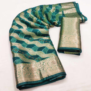 Dark Teal Stone Work Woven Organza Jacquard Saree