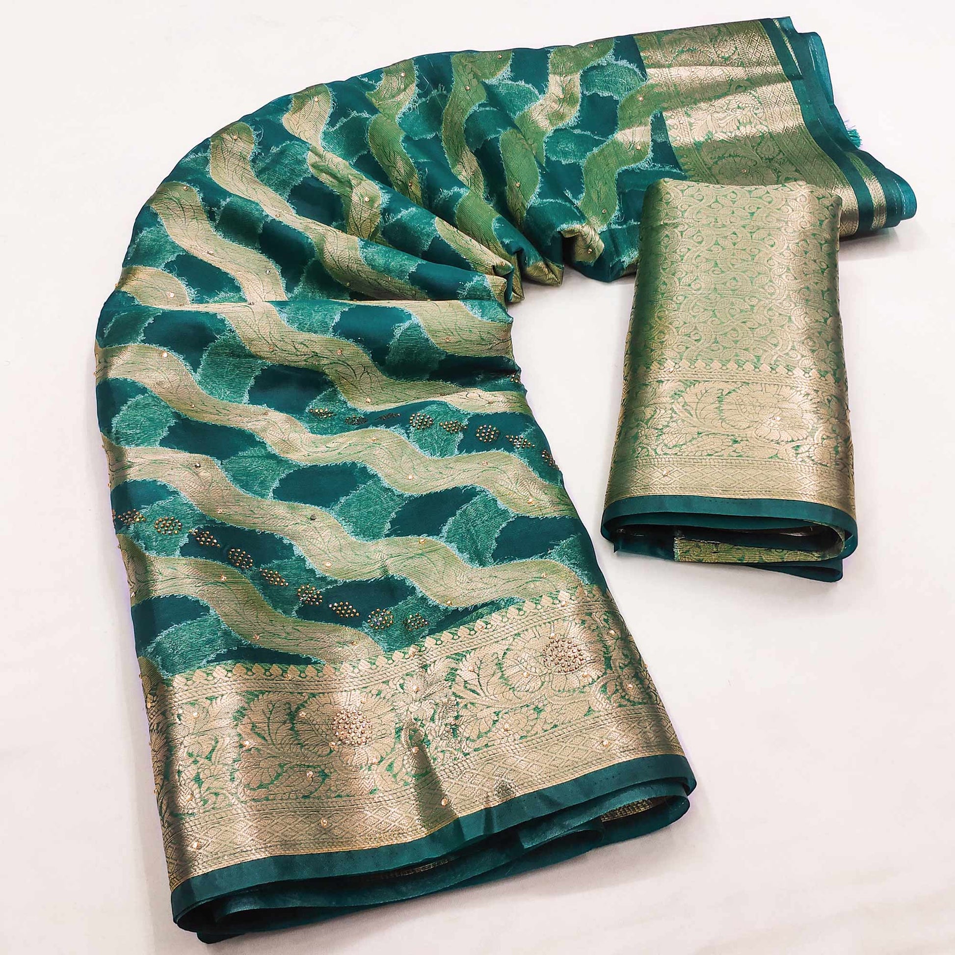 Dark Teal Stone Work Woven Organza Jacquard Saree