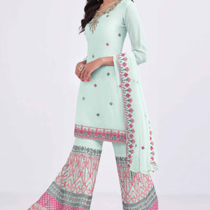 Light Blue Sequins Embroidered With Stonework Georgette Semi Stitched Suit