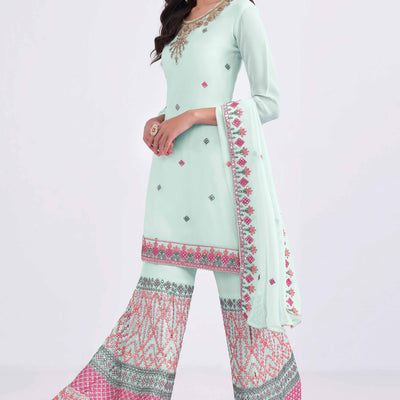 Light Blue Sequins Embroidered With Stonework Georgette Semi Stitched Suit