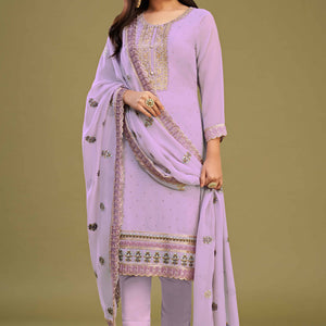 Lavender Floral Embroidery With Swarovski Work Georgette Semi Stitched Suit