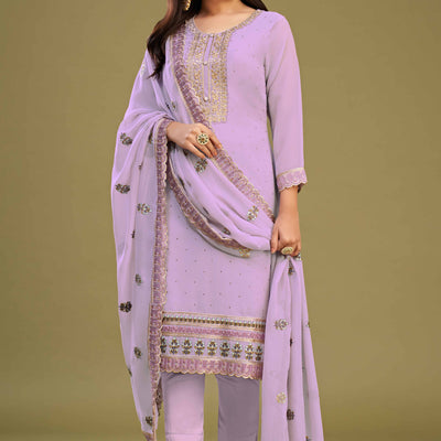 Lavender Floral Embroidery With Swarovski Work Georgette Semi Stitched Suit