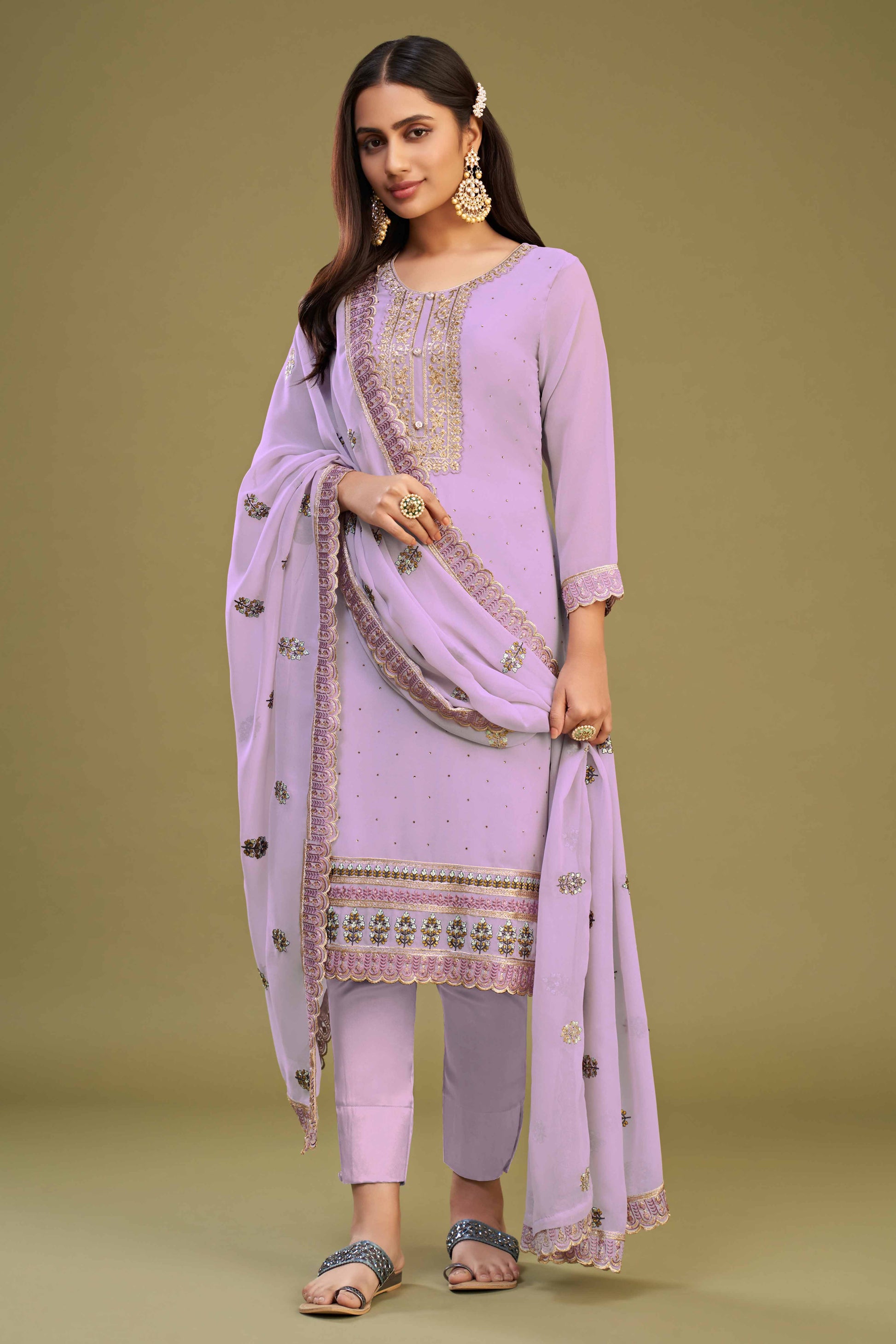 Lavender Floral Embroidery With Swarovski Work Georgette Semi Stitched Suit