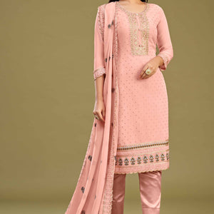 Gajari Pink Floral Embroidery With Swarovski Work Georgette Semi Stitched Suit