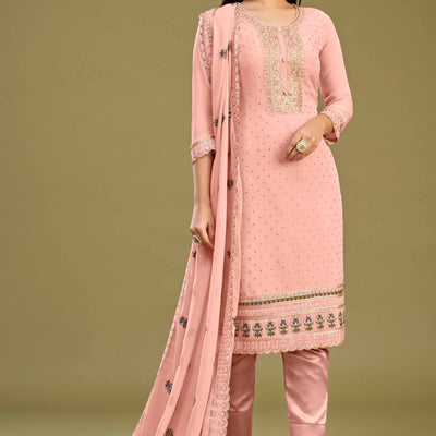 Gajari Pink Floral Embroidery With Swarovski Work Georgette Semi Stitched Suit