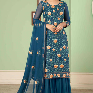 Morpich Blue Floral Sequins Embroidered Georgette Semi Stitched Suit