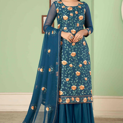 Morpich Blue Floral Sequins Embroidered Georgette Semi Stitched Suit