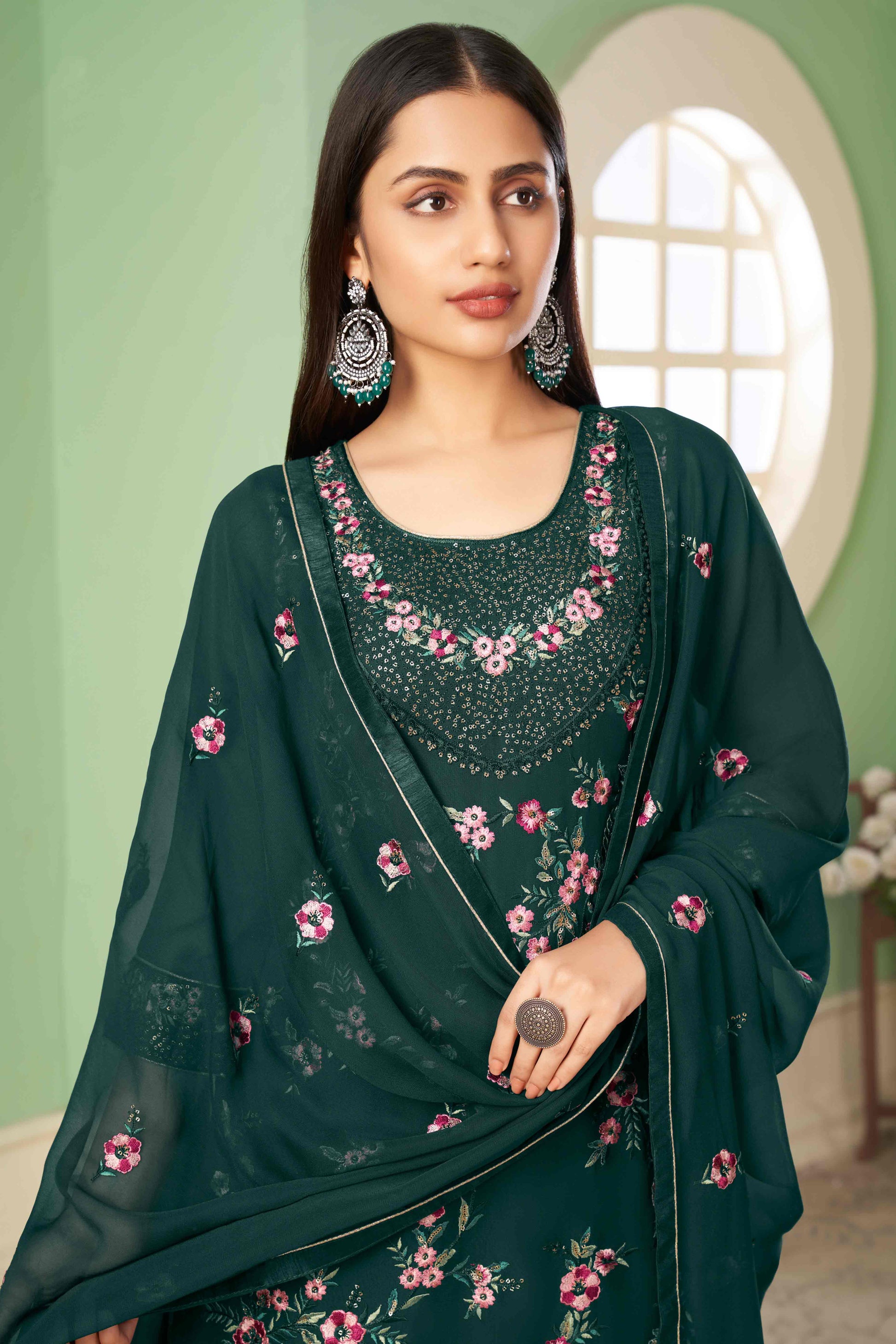 green-floral-sequins-embroidered-georgette-semi-stitched-suit-19