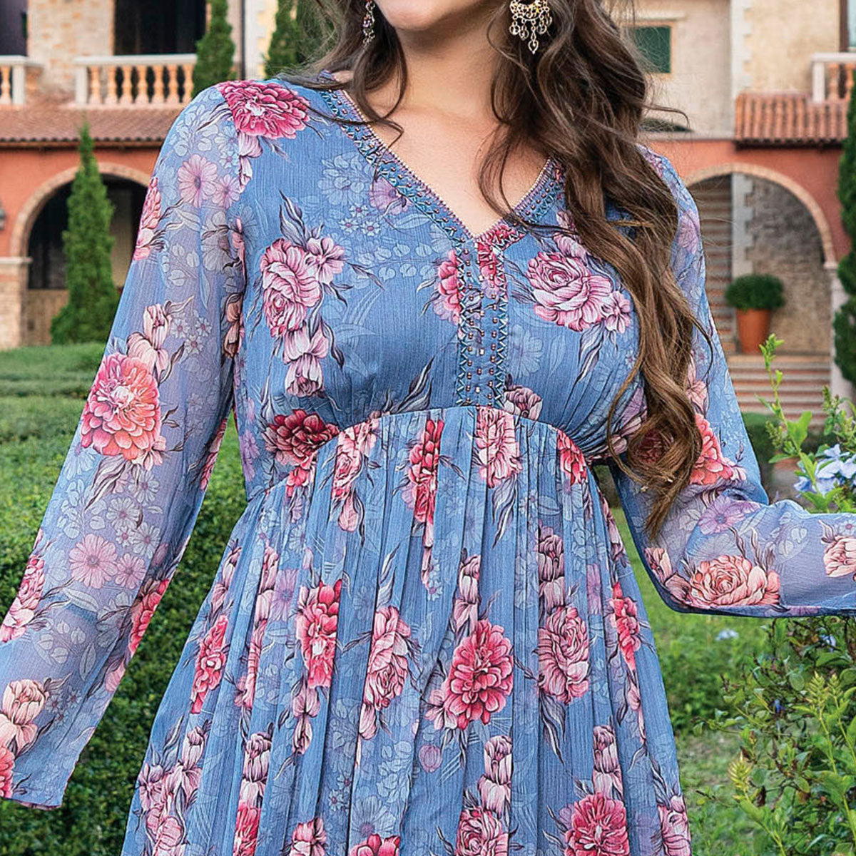 Greyish Blue Printed With Handwork Chiffon Dress