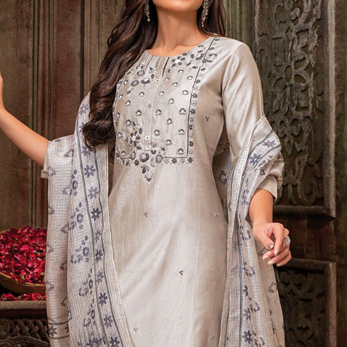 Cream Handwork Embroidered Viscose Salwar Suit