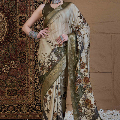 Light Green Floral Printed Viscose Saree