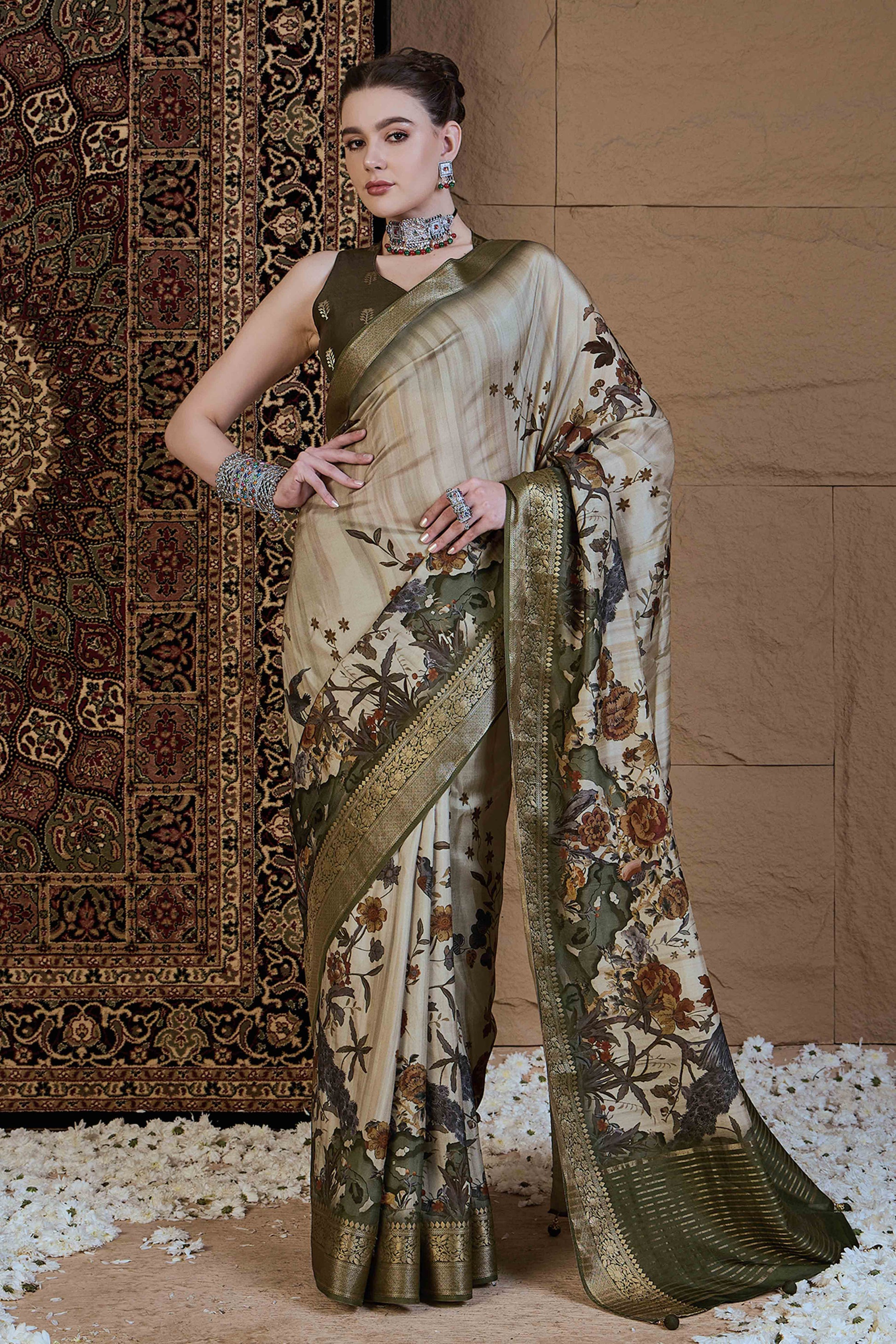 Light Green Floral Printed Viscose Saree
