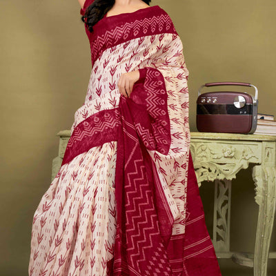 Maroon Ikkat Printed Cotton Slub Saree