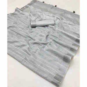 Grey Zari Woven Linen Saree With Tassels