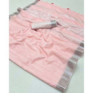 Light Pink Zari Woven Linen Saree With Tassels