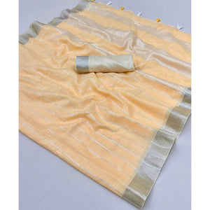 Light Orange Zari Woven Linen Saree With Tassels