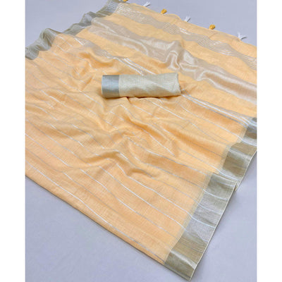 Light Orange Zari Woven Linen Saree With Tassels