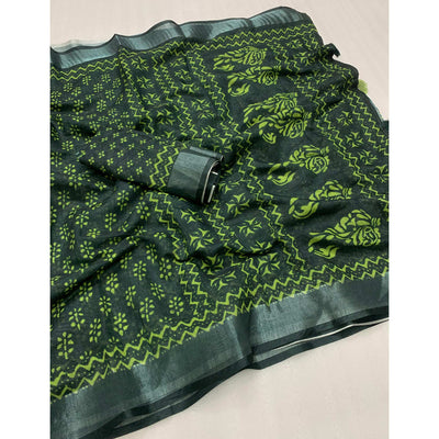 green-floral-digital-printed-linen-saree-1