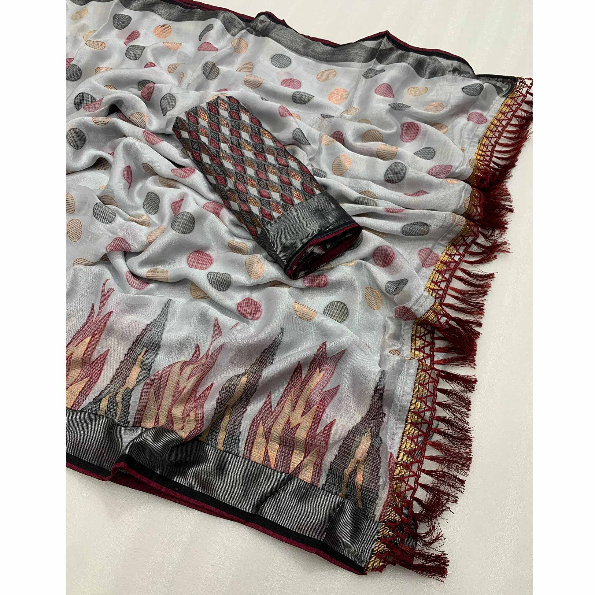 Grey Woven Art Silk Saree With Tassels
