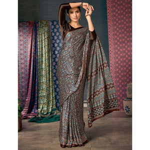 Brown & Blue Ajrakh Printed Satin Saree