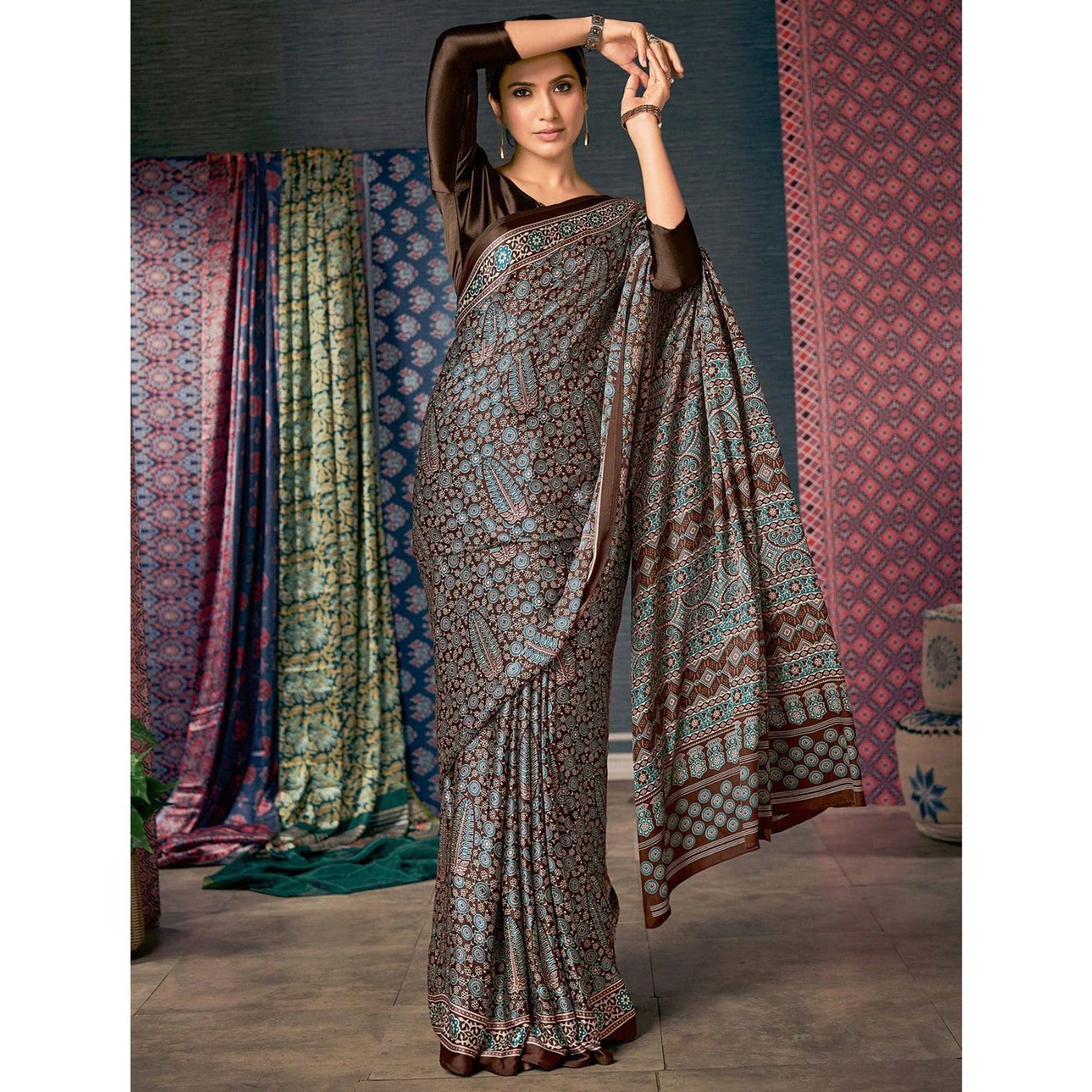 Brown & Blue Ajrakh Printed Satin Saree