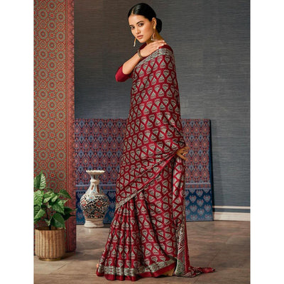 Dark Maroon Ajrakh Printed Satin Saree