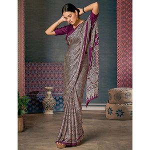 Magenta Ajrakh Printed Satin Saree