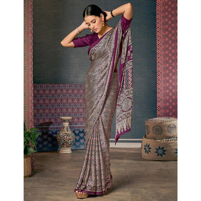 Magenta Ajrakh Printed Satin Saree