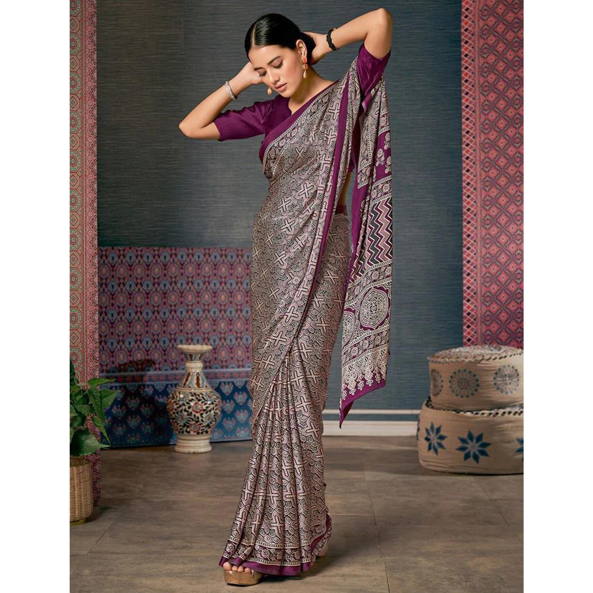 Magenta Ajrakh Printed Satin Saree