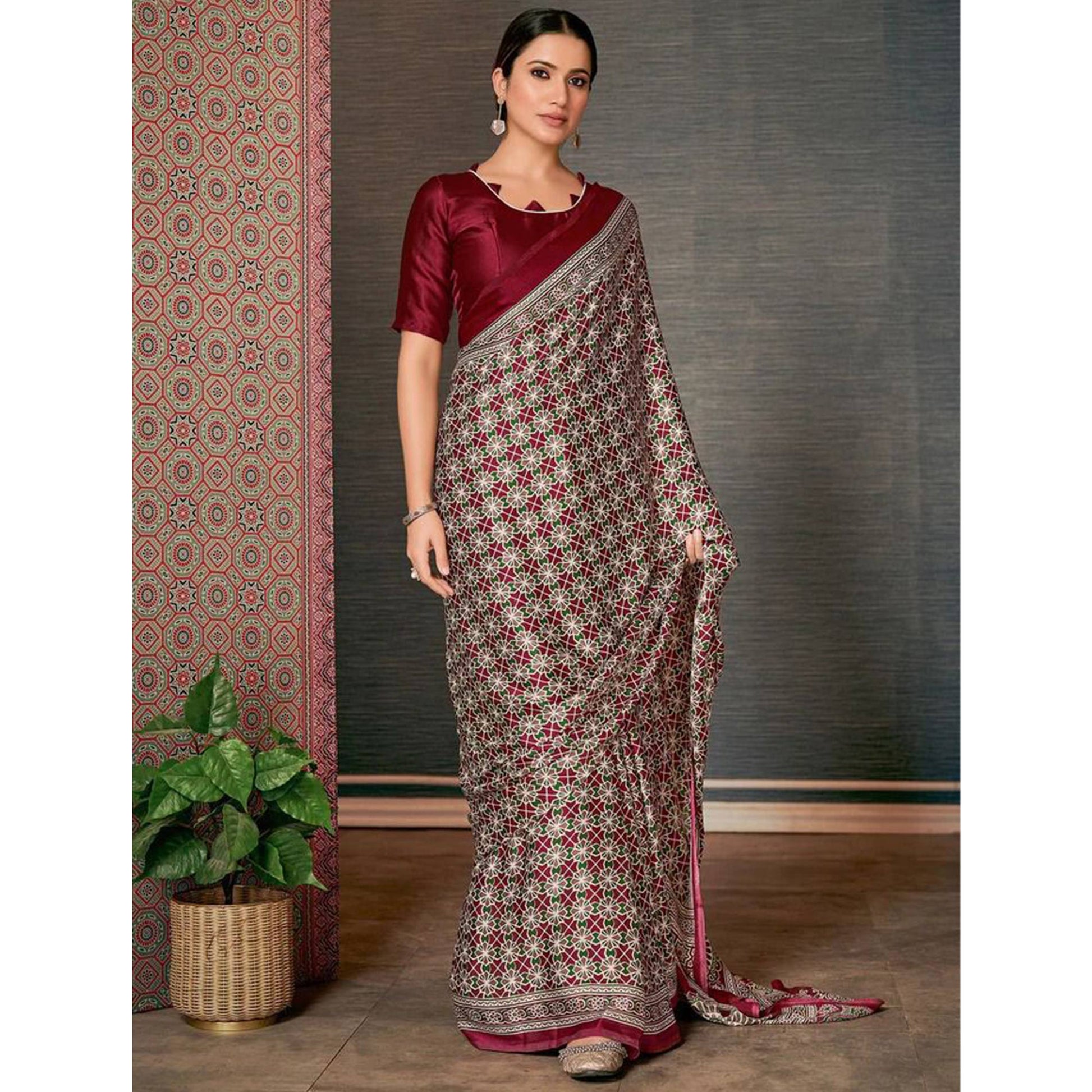 Maroon Ajrakh Printed Satin Saree