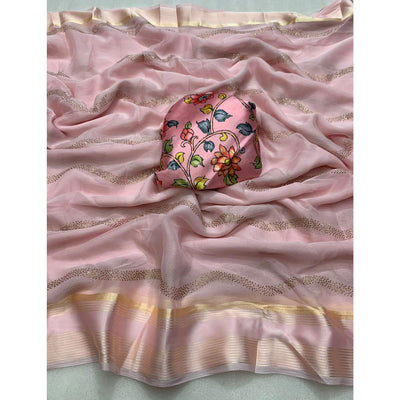 Light Peach Foil Printed Chiffon Saree