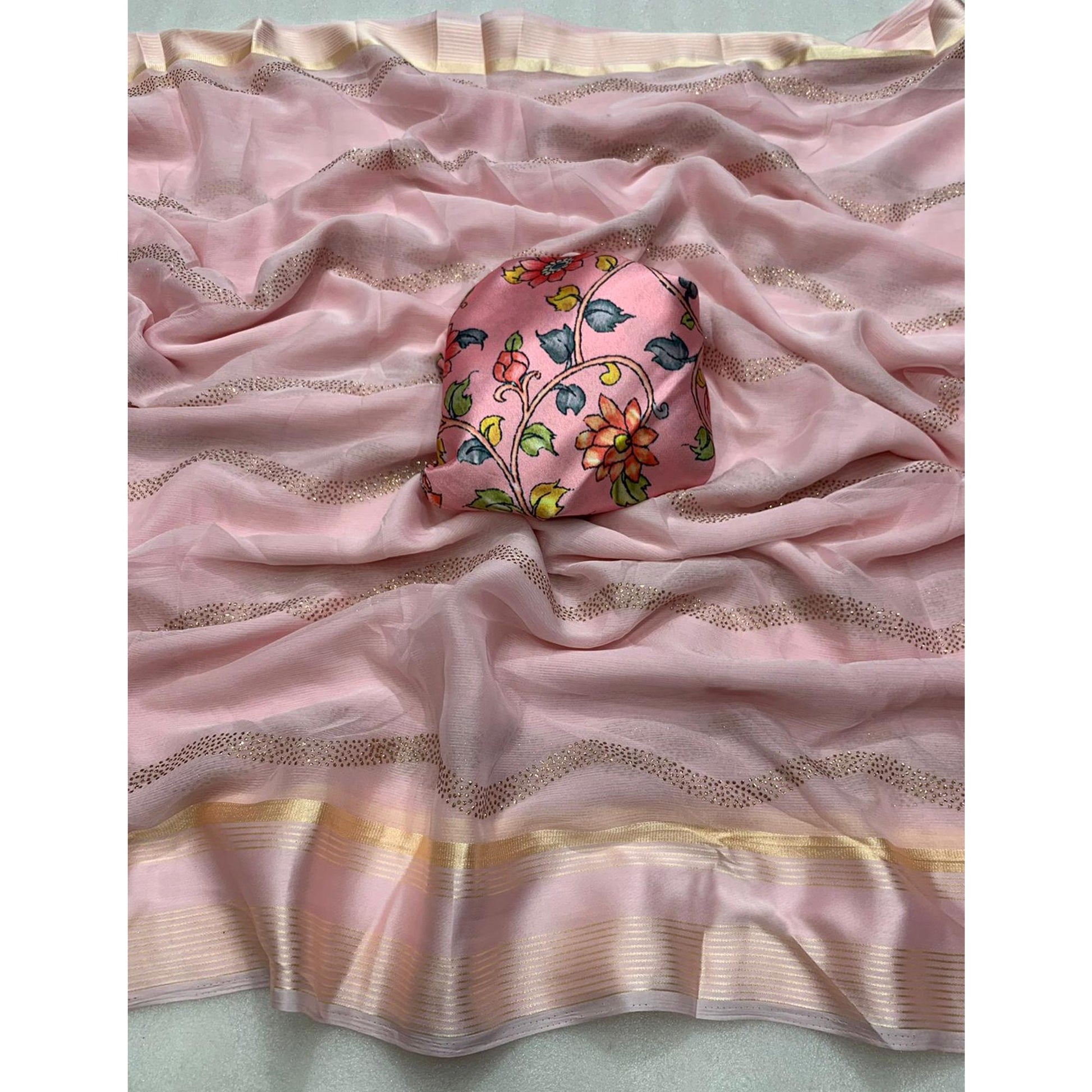 Light Peach Foil Printed Chiffon Saree