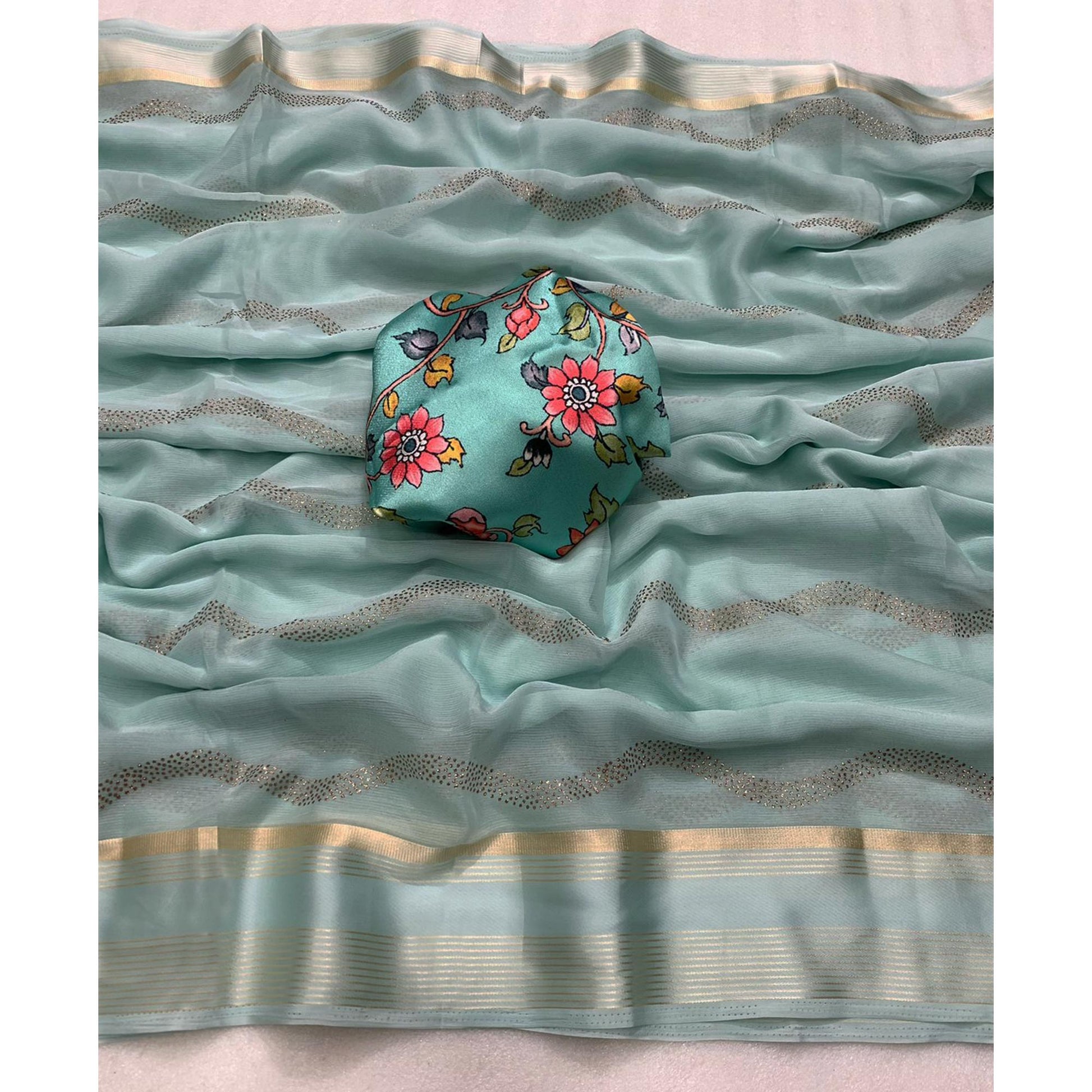 Light Sea Green Foil Printed Chiffon Saree