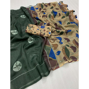 green-batik-printed-linen-saree