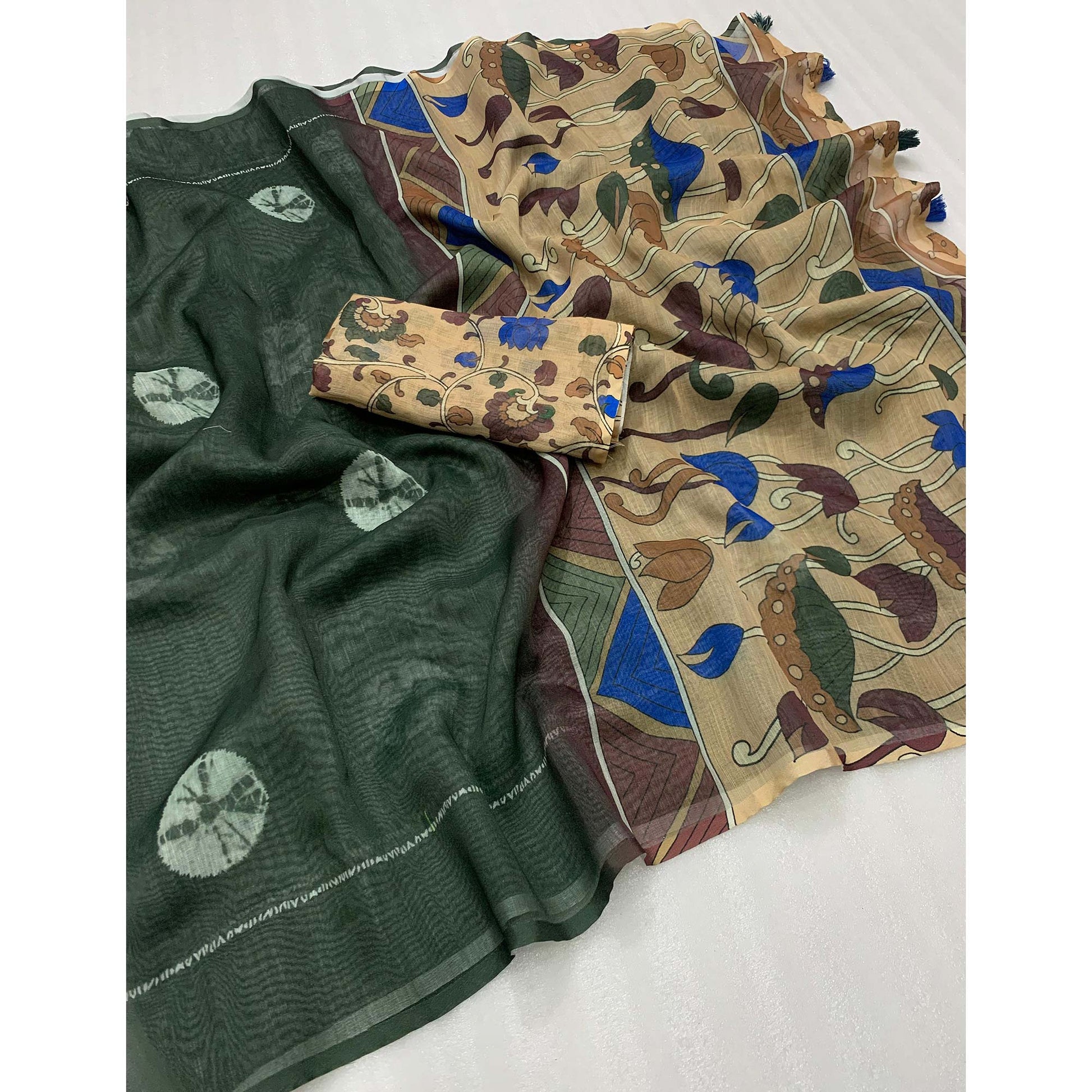 green-batik-printed-linen-saree