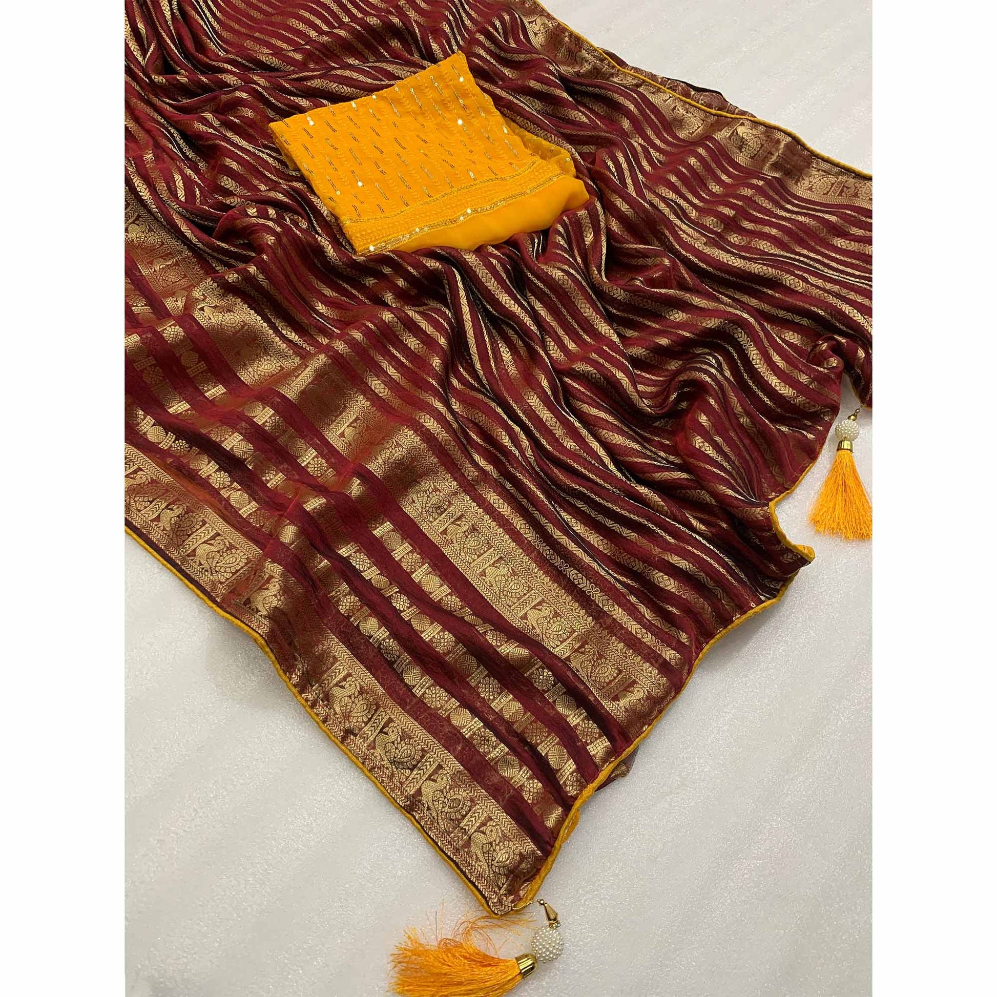 Maroon Zari Work Woven Organza Saree