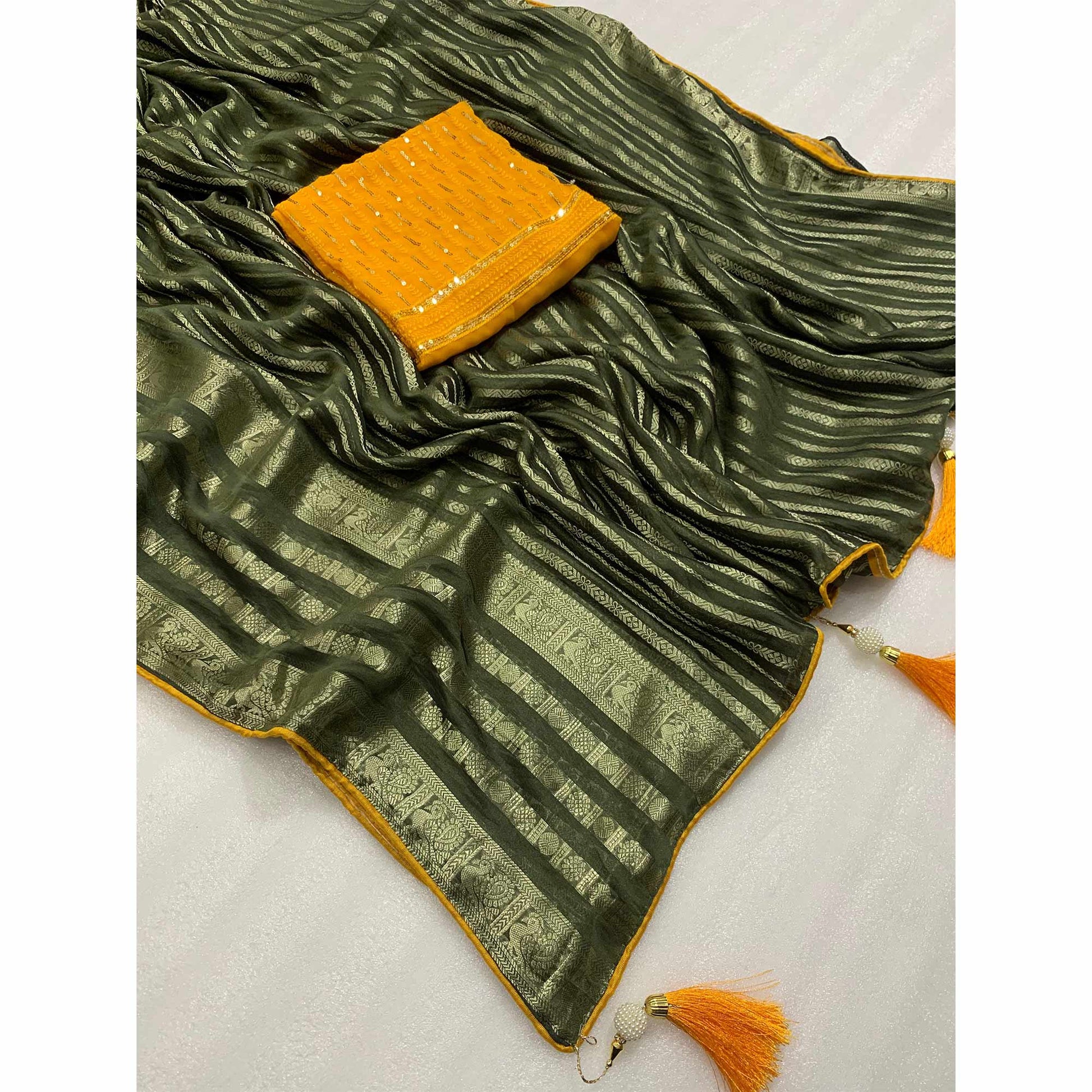 Mehandi Green Zari Work Woven Organza Saree