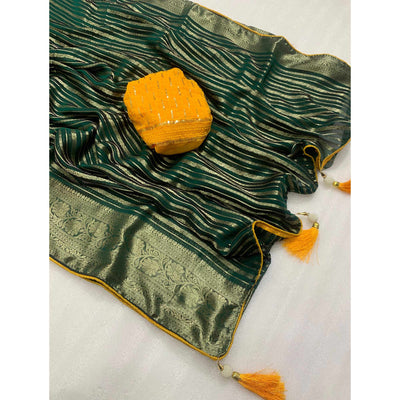 Dark Green Woven Georgette Saree With Tassels