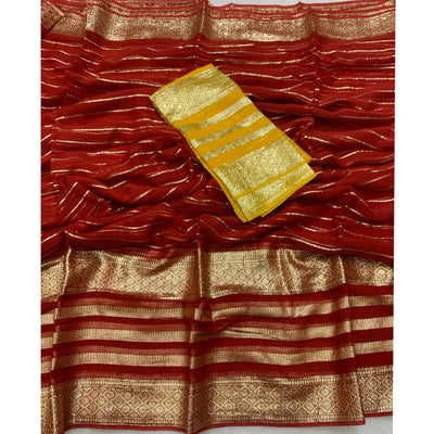Dark Red Striped Zari Woven Viscose Saree