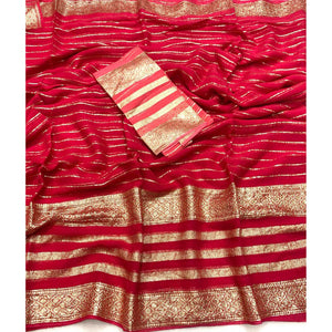Gajari Pink Striped Zari Woven Viscose Saree