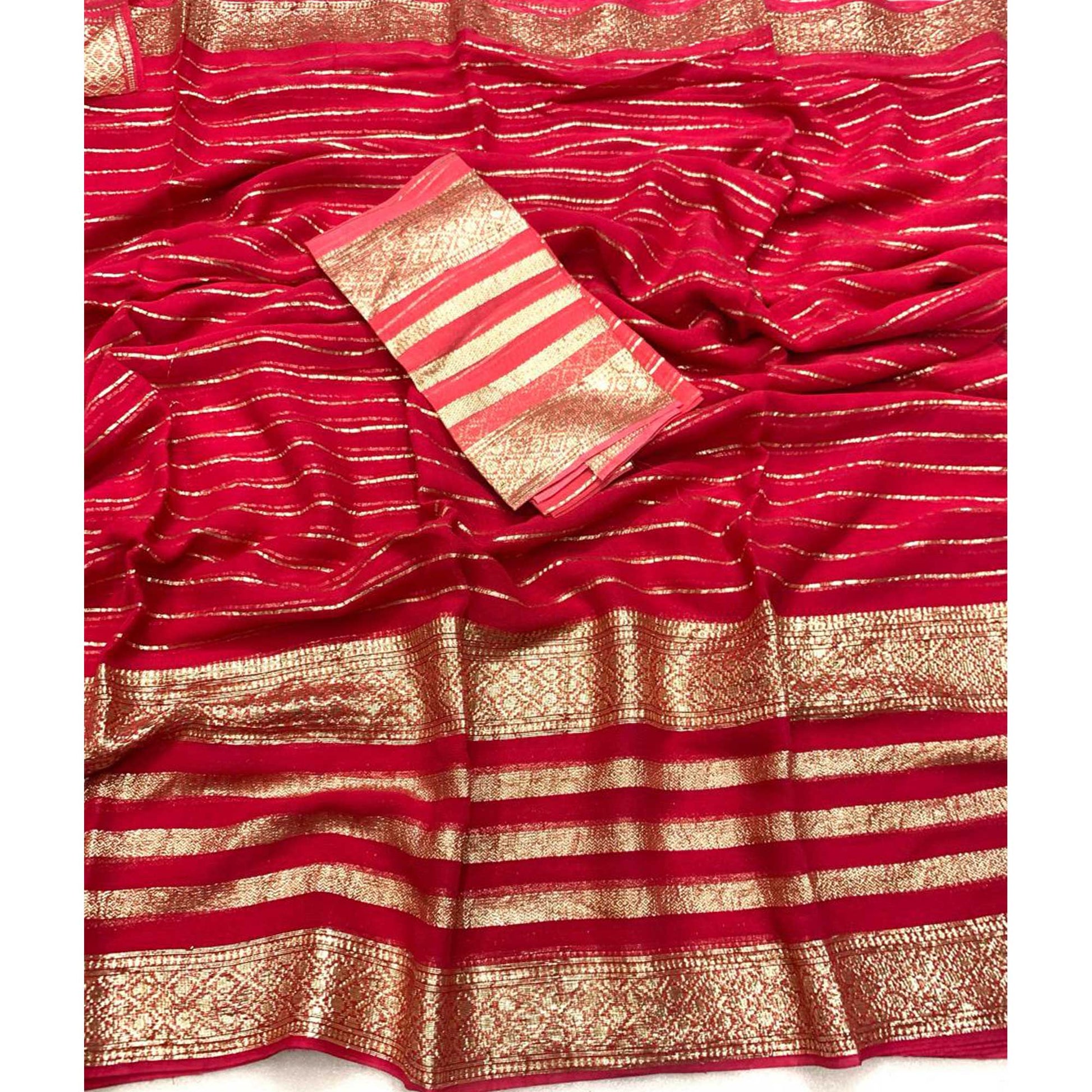 Gajari Pink Striped Zari Woven Viscose Saree