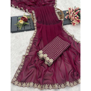 Dark Magenta Solid Rangoli Art Silk Saree With Sequins Embroidered Border