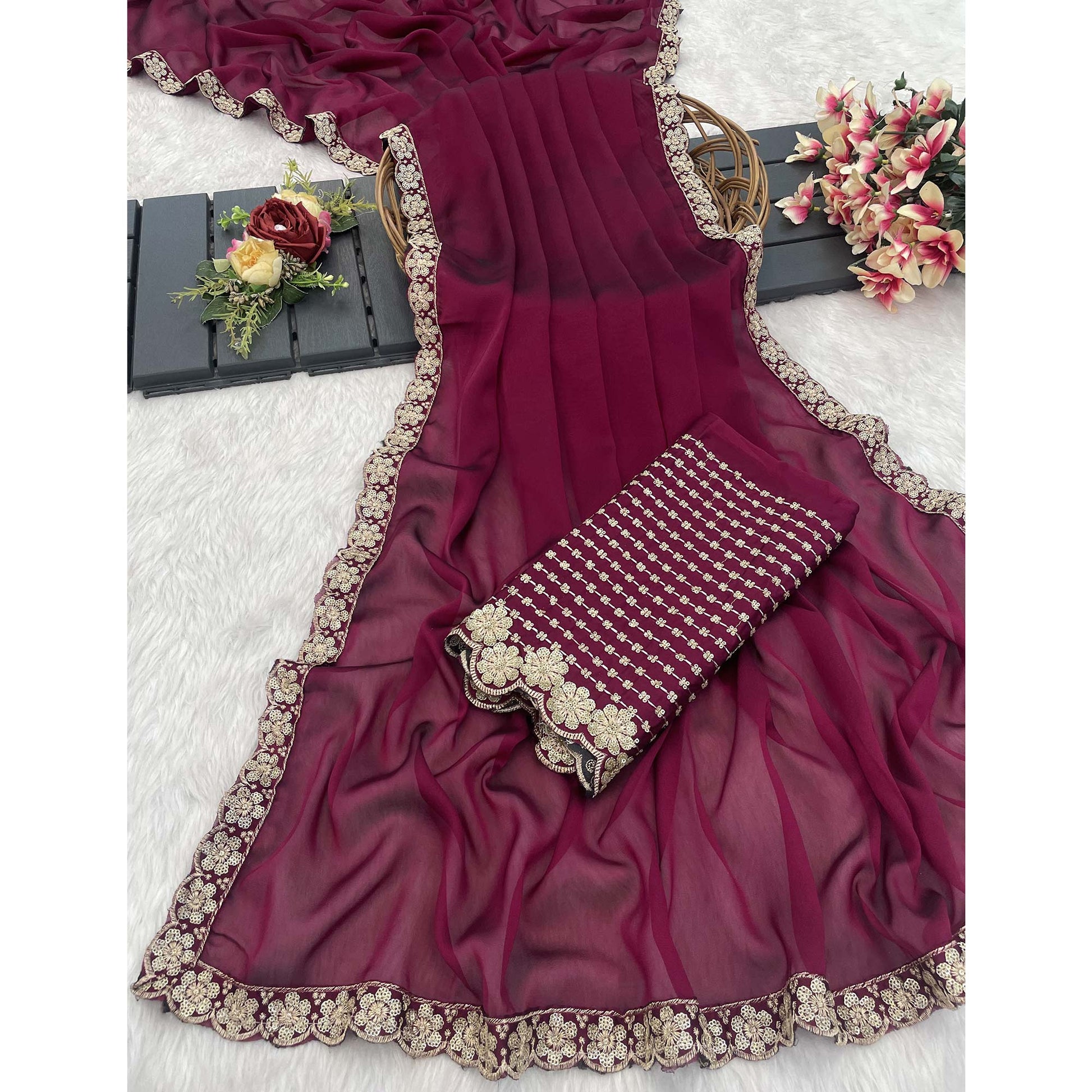 Dark Magenta Solid Rangoli Art Silk Saree With Sequins Embroidered Border