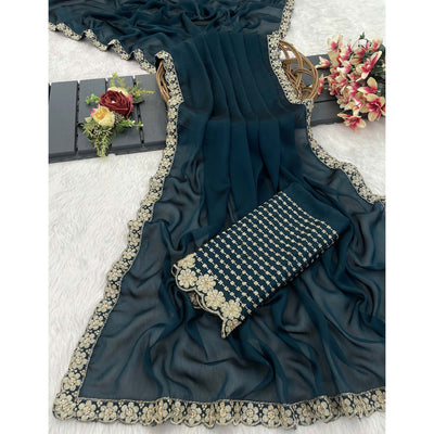 Dark Teal Blue Solid Rangoli Art Silk Saree With Sequins Embroidered Border