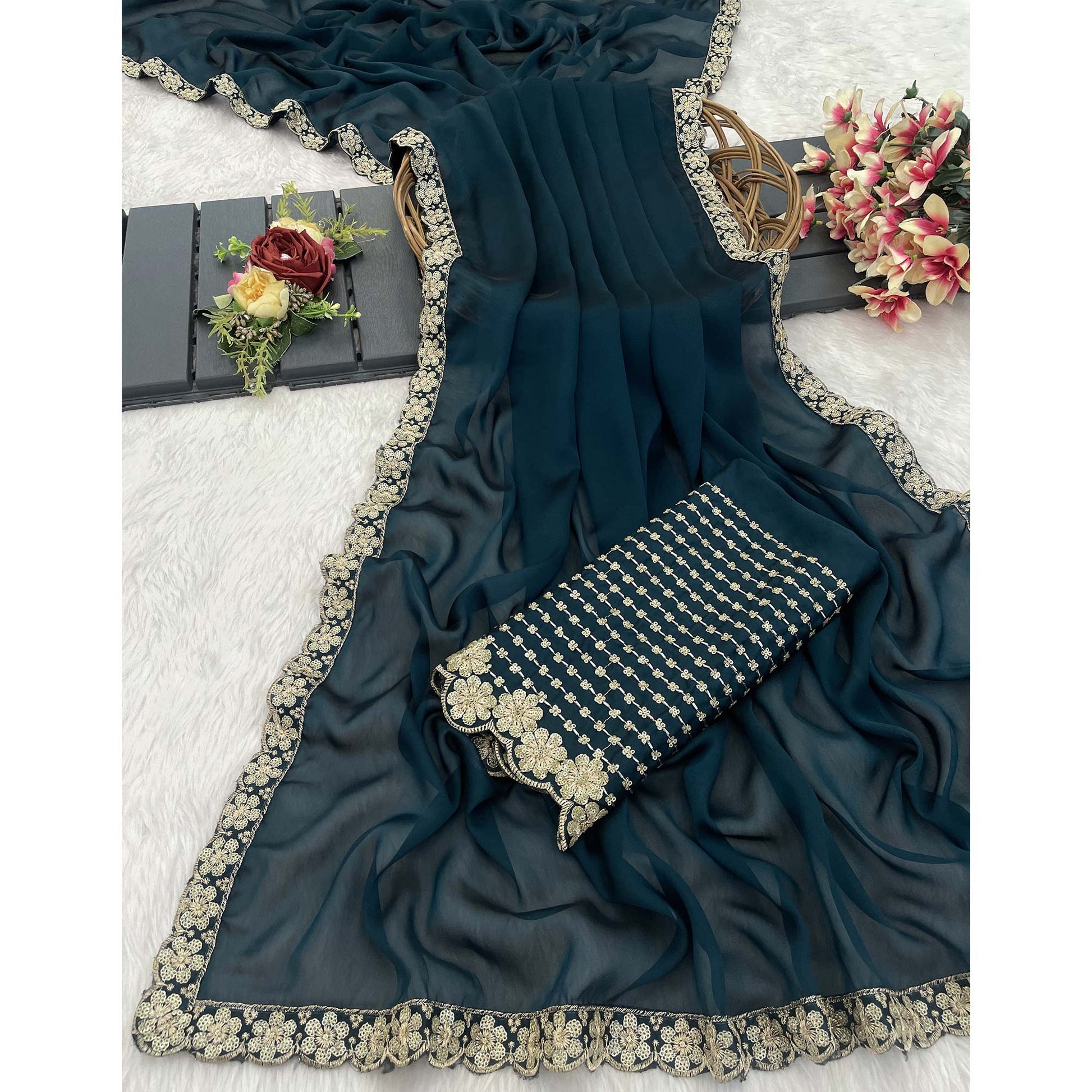 Dark Teal Blue Solid Rangoli Art Silk Saree With Sequins Embroidered Border