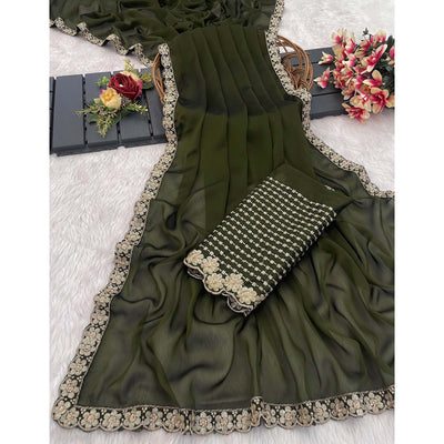 Mehendi Green Solid Rangoli Art Silk Saree With Sequins Embroidered Border