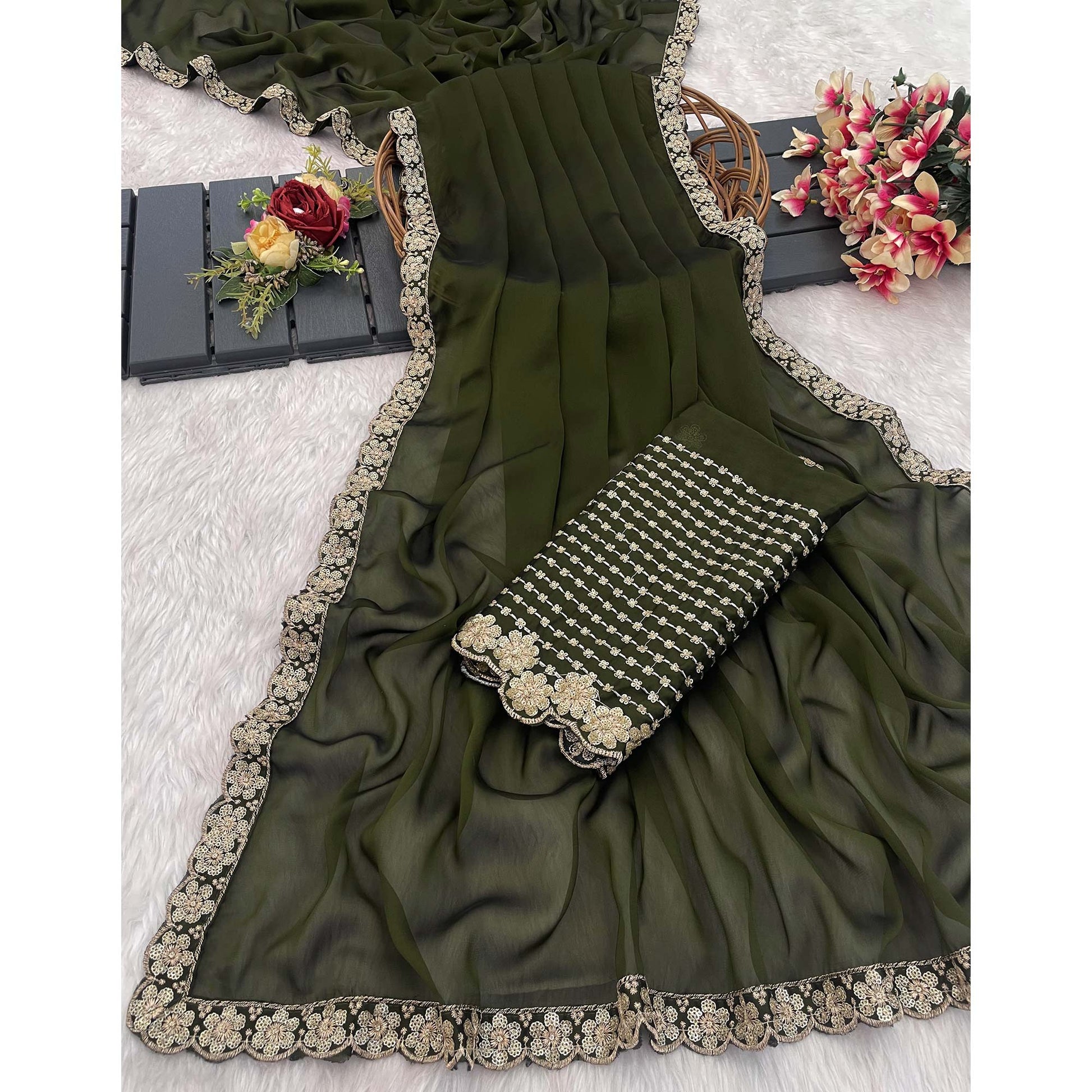 Mehendi Green Solid Rangoli Art Silk Saree With Sequins Embroidered Border