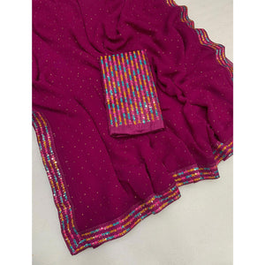 Magenta Diamond Work Georgette Saree With Sequins Lace Border