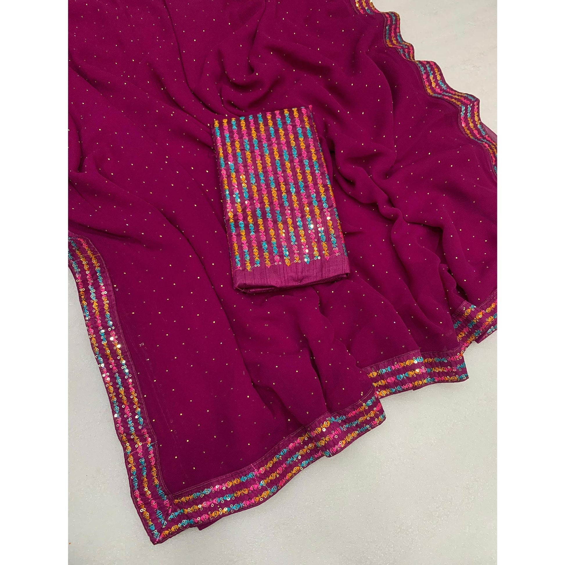 Magenta Diamond Work Georgette Saree With Sequins Lace Border